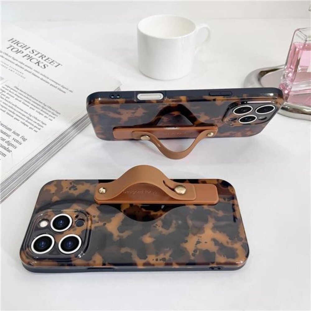 Ip 16 15 14 Pro Pro Max Chic Leopard Tortoise Shell iPhone Case Wrist Strap - Picture 3 of 6